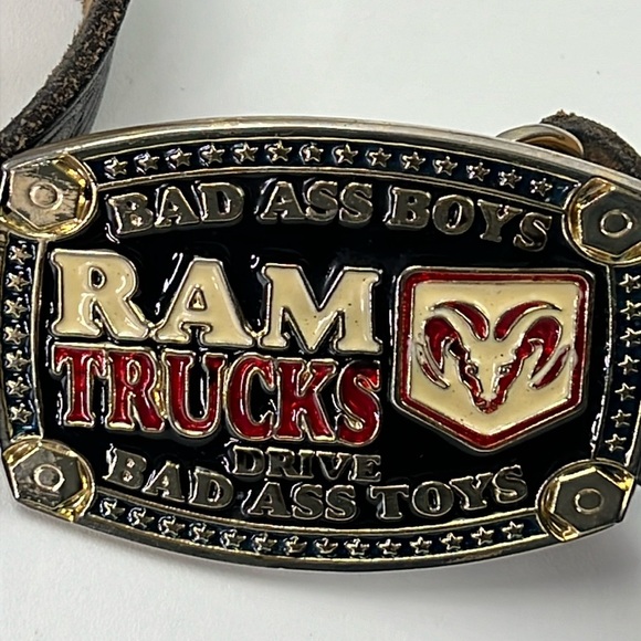 Dodge Trucks - Ram Trucks Belt Buckle on Black Leather Tooled Belt - Picture 2 of 7